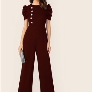 Puff Sleeve Button Front Jumpsuit. Burgundy